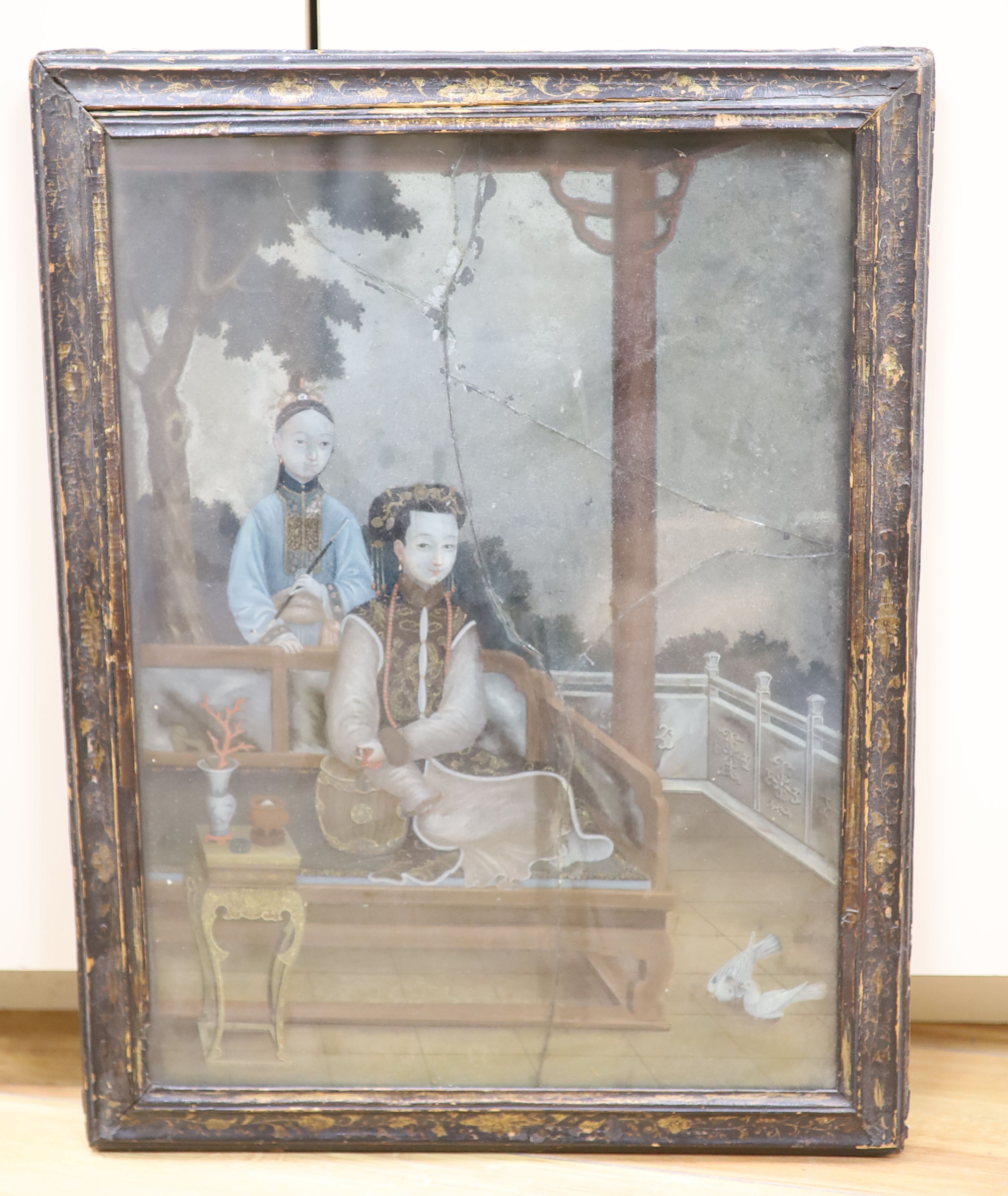 A Chinese export reverse painted mirror, 18th century, 44 x 32cm